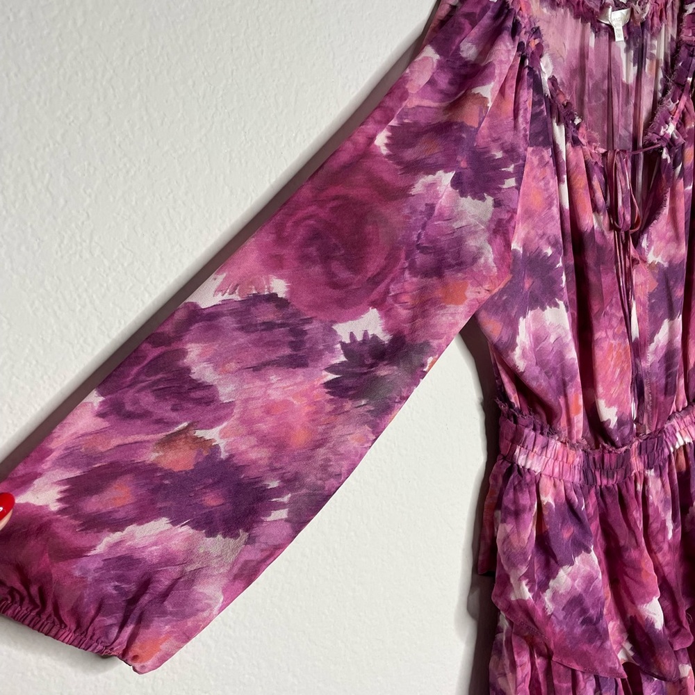 LOVESHACKFANCY Ruffled Popover Pink Purple Floral Silk Mini Dress L - Picture 4 of 12